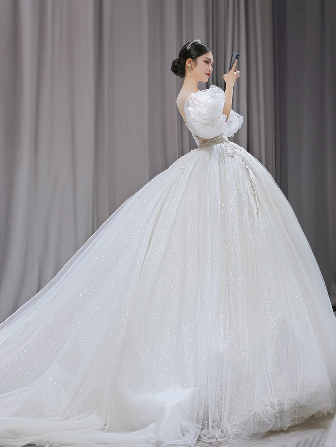 Pretty Ball Gown Tulle Lace Applique Short Sleeves Long Wedding Dresses C4198