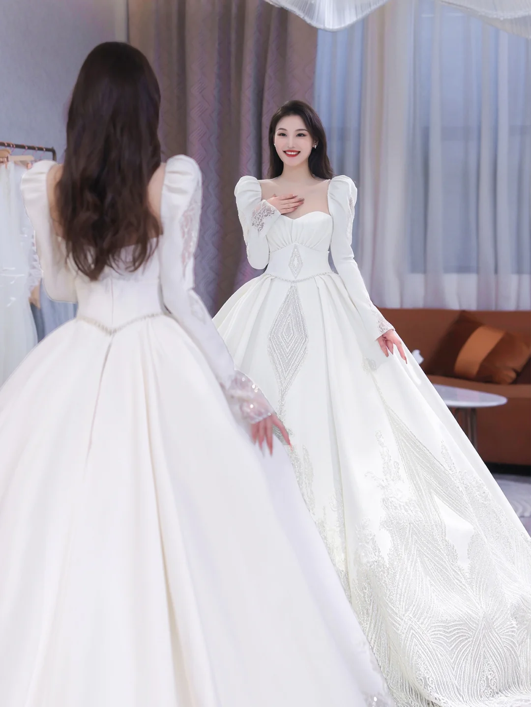 Elegant Ball Gown Square SatinLong Sleeves Long Wedding Dresses C4206