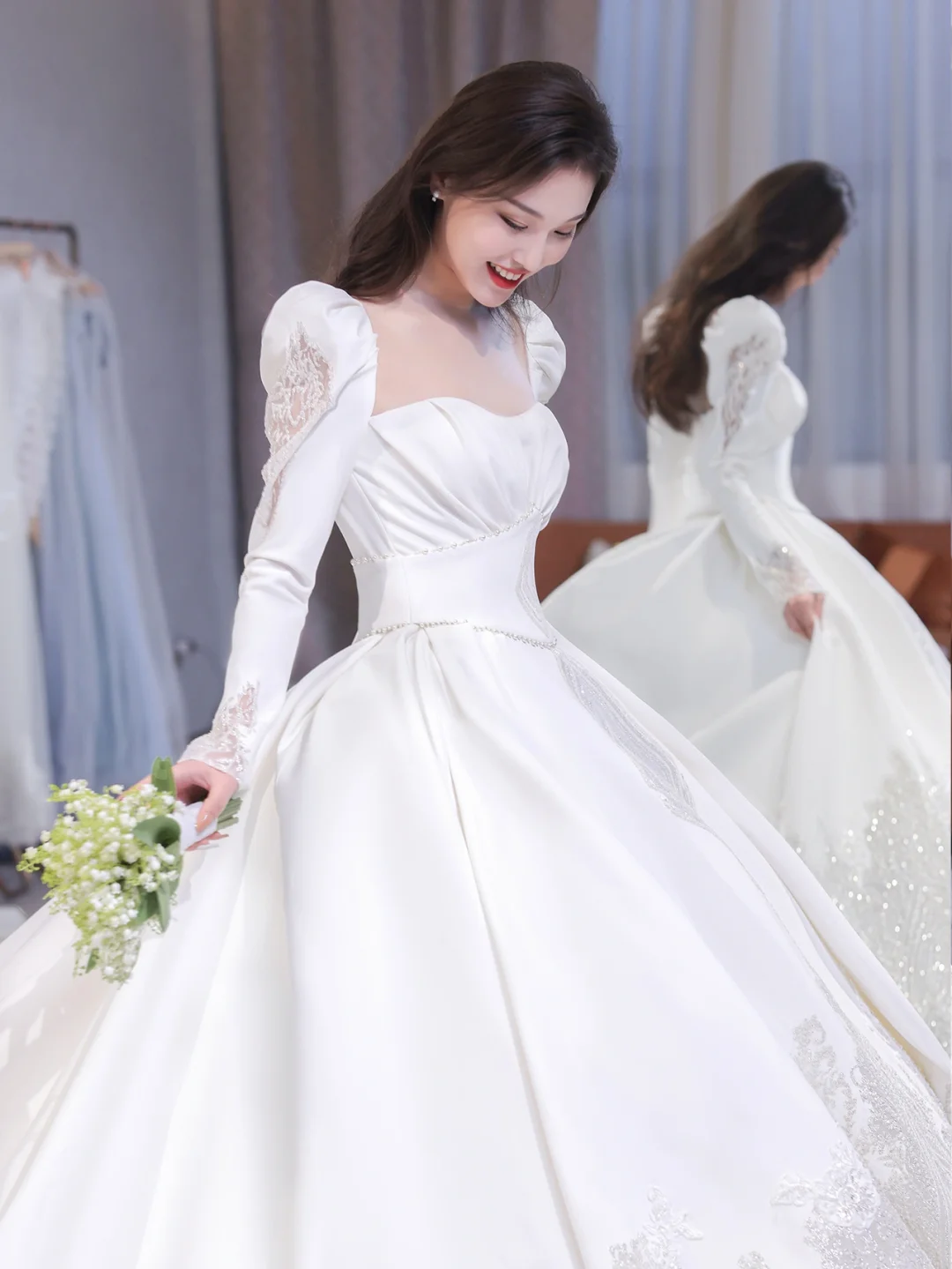 Elegant Ball Gown Square SatinLong Sleeves Long Wedding Dresses C4206