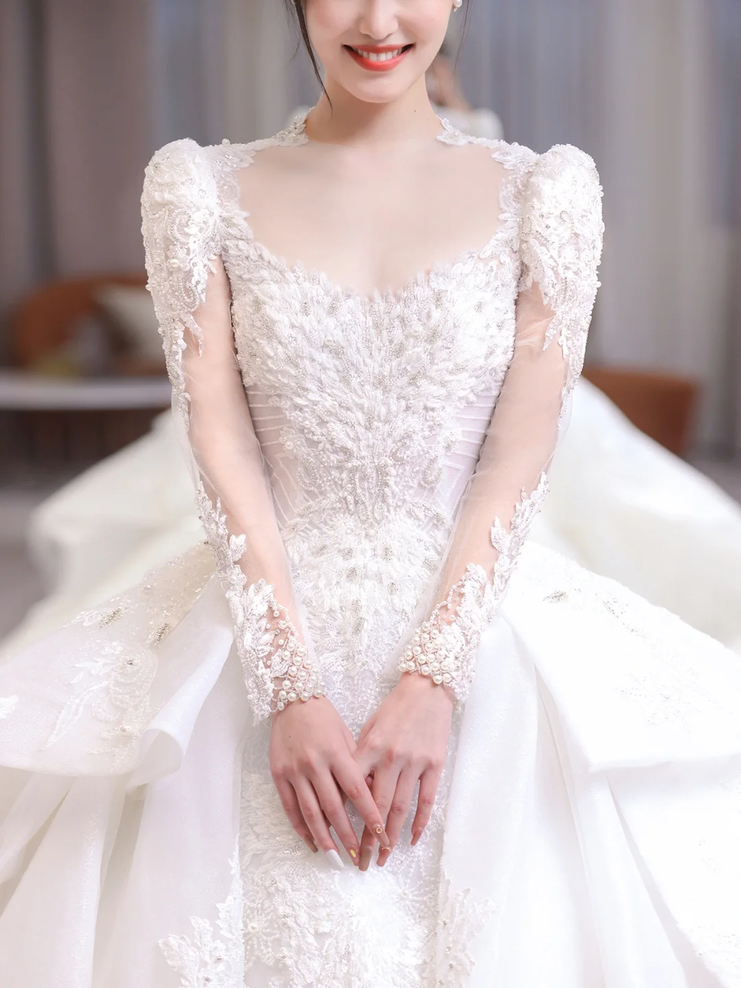 Timeless Ball Gown Satin Tulle Applique Beaded Long Sleeves Long Wedding Dresses C4207