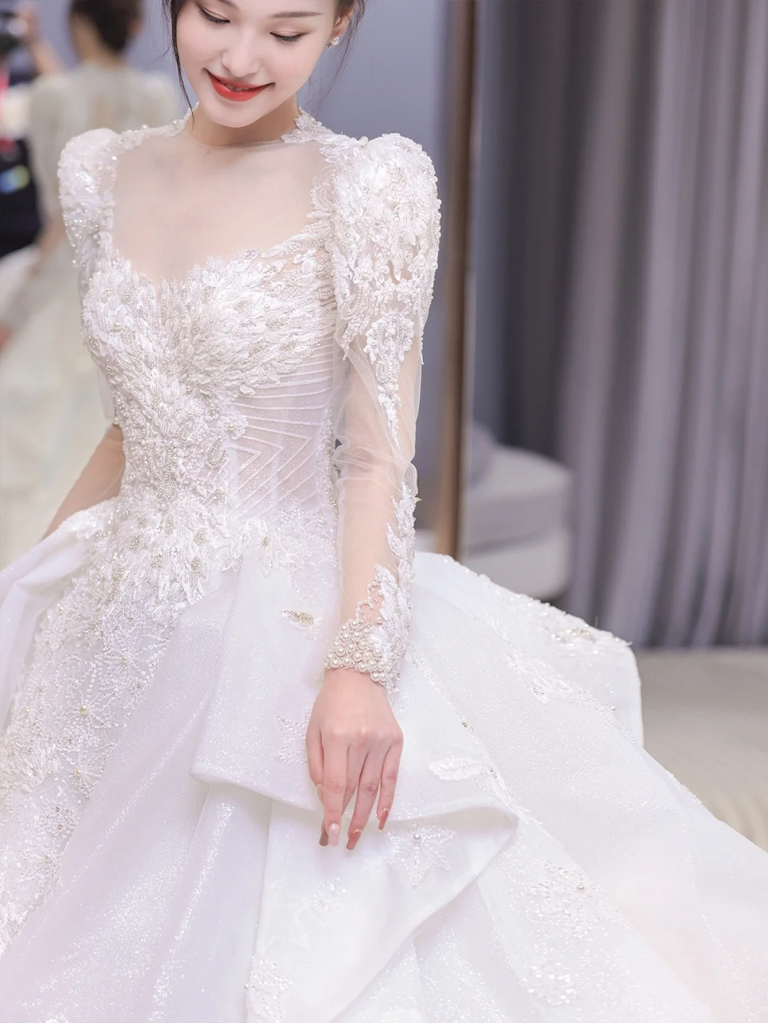 Timeless Ball Gown Satin Tulle Applique Beaded Long Sleeves Long Wedding Dresses C4207