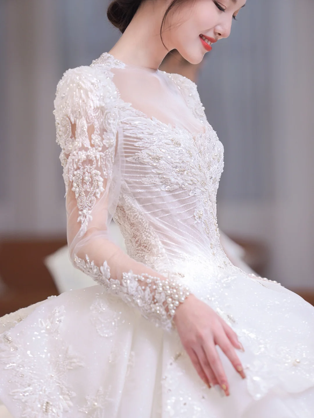 Timeless Ball Gown Satin Tulle Applique Beaded Long Sleeves Long Wedding Dresses C4207