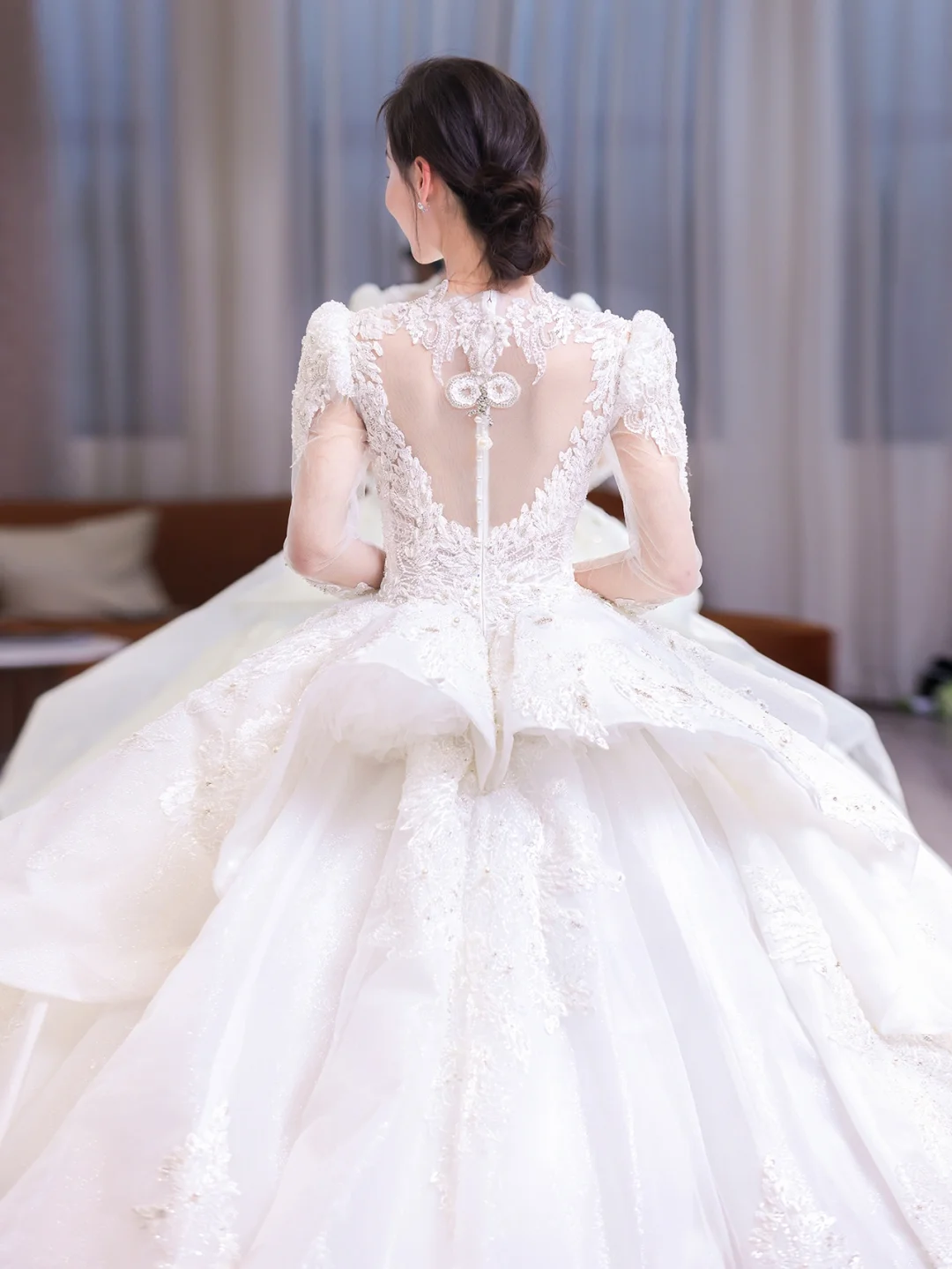 Timeless Ball Gown Satin Tulle Applique Beaded Long Sleeves Long Wedding Dresses C4207