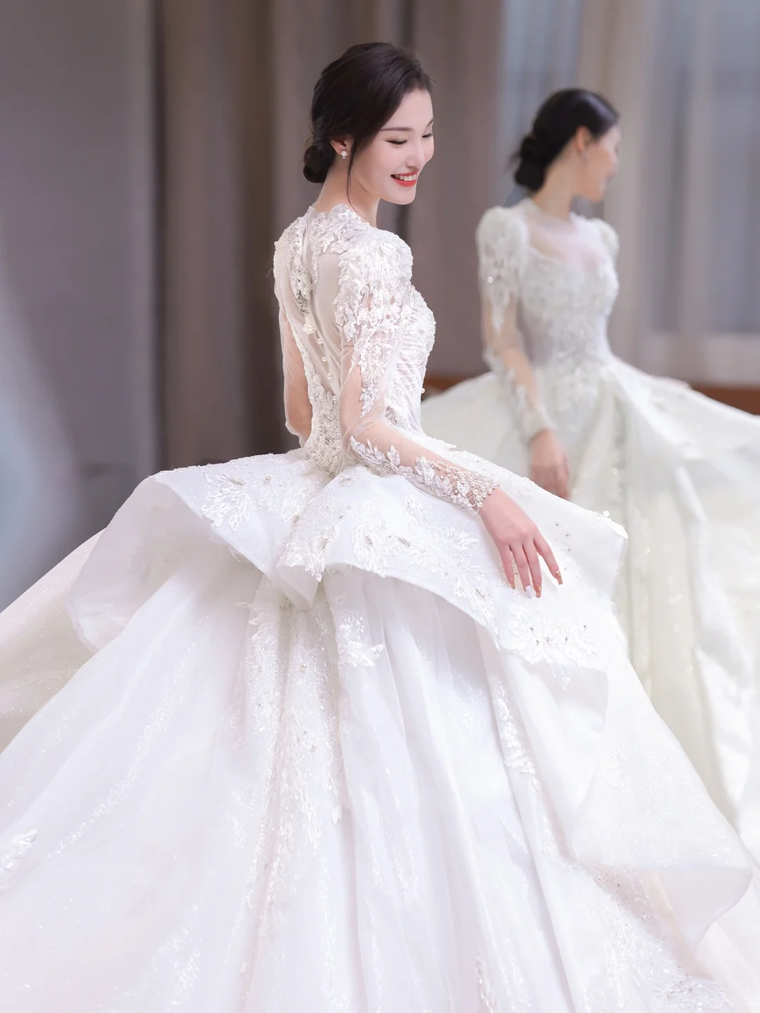 Timeless Ball Gown Satin Tulle Applique Beaded Long Sleeves Long Wedding Dresses C4207