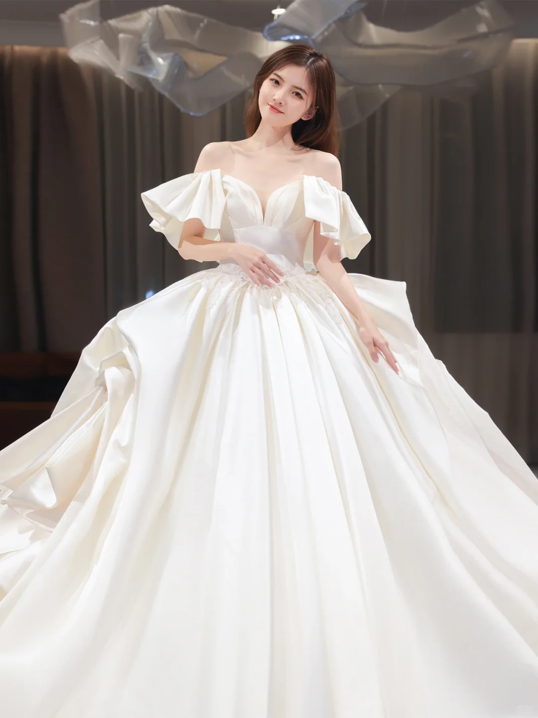 Elegant Ball Gown Off The Shoulder Satin Long Wedding Dresses C4209
