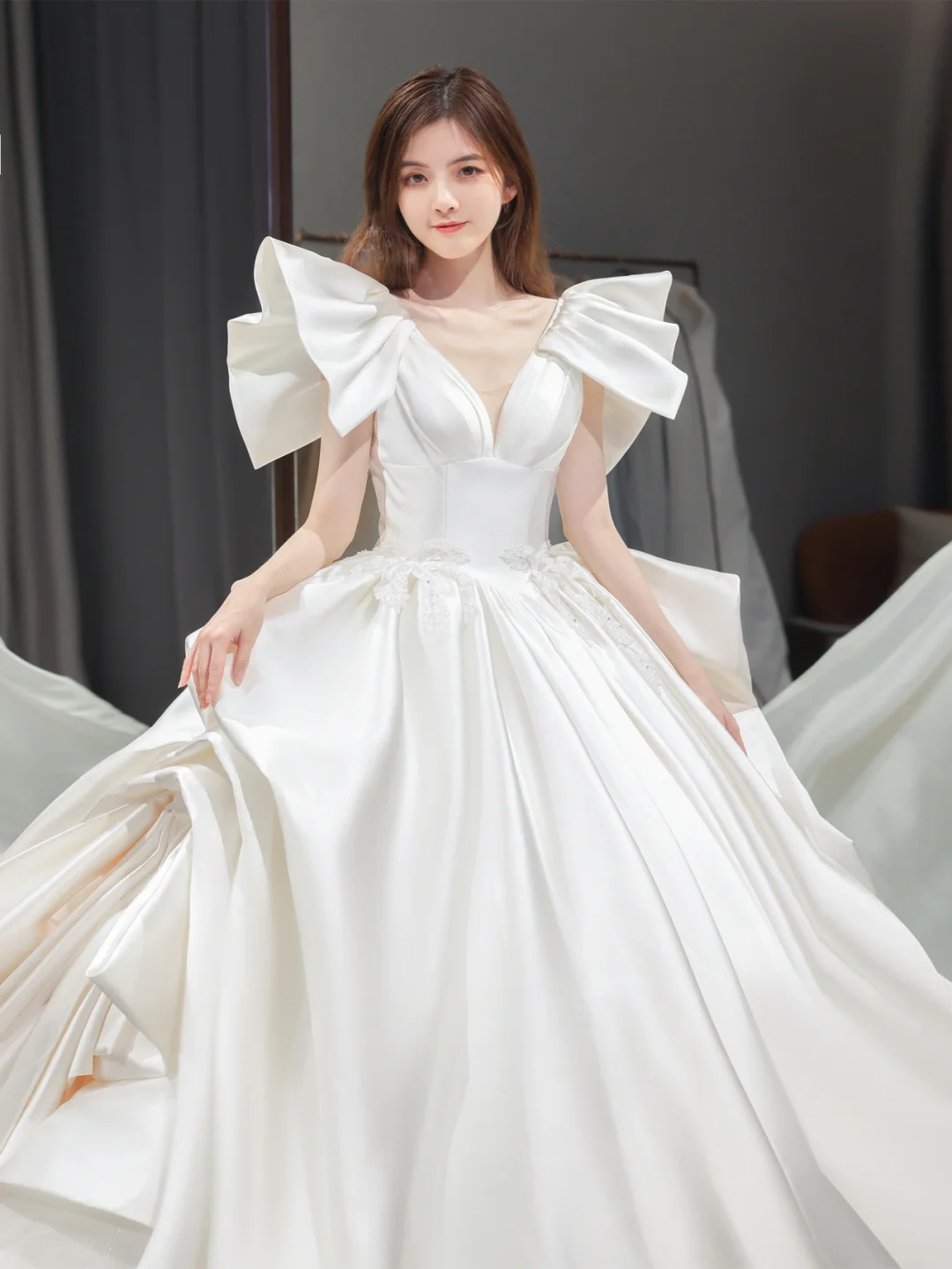 Elegant Ball Gown Off The Shoulder Satin Long Wedding Dresses C4209