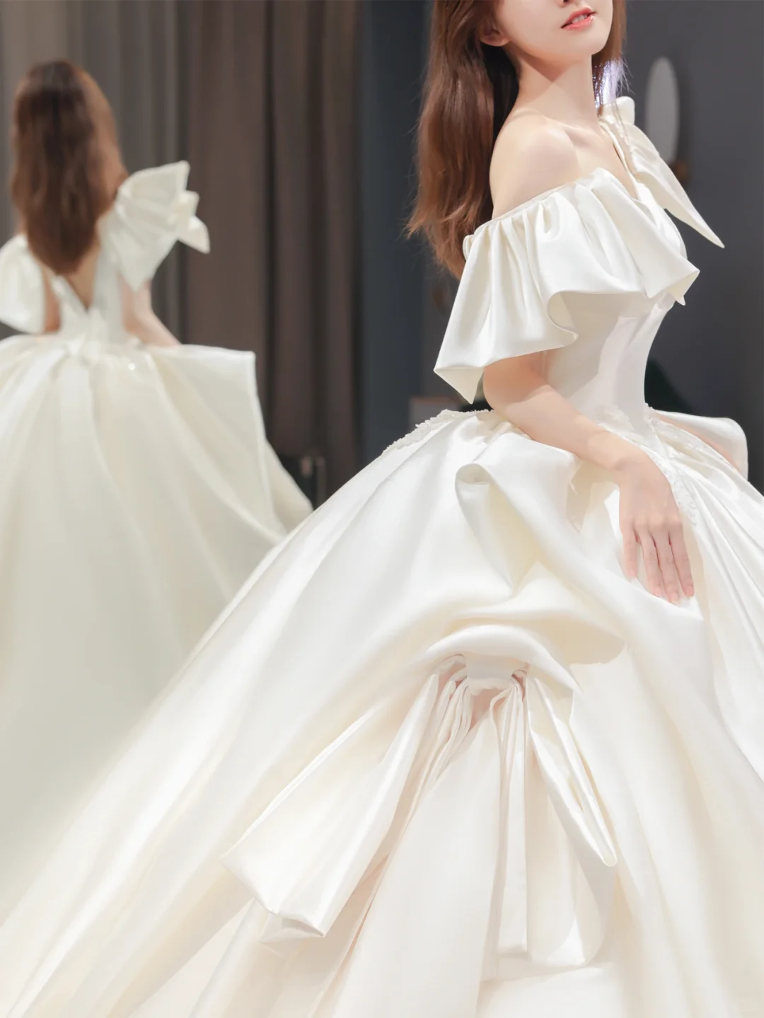 Elegant Ball Gown Off The Shoulder Satin Long Wedding Dresses C4209
