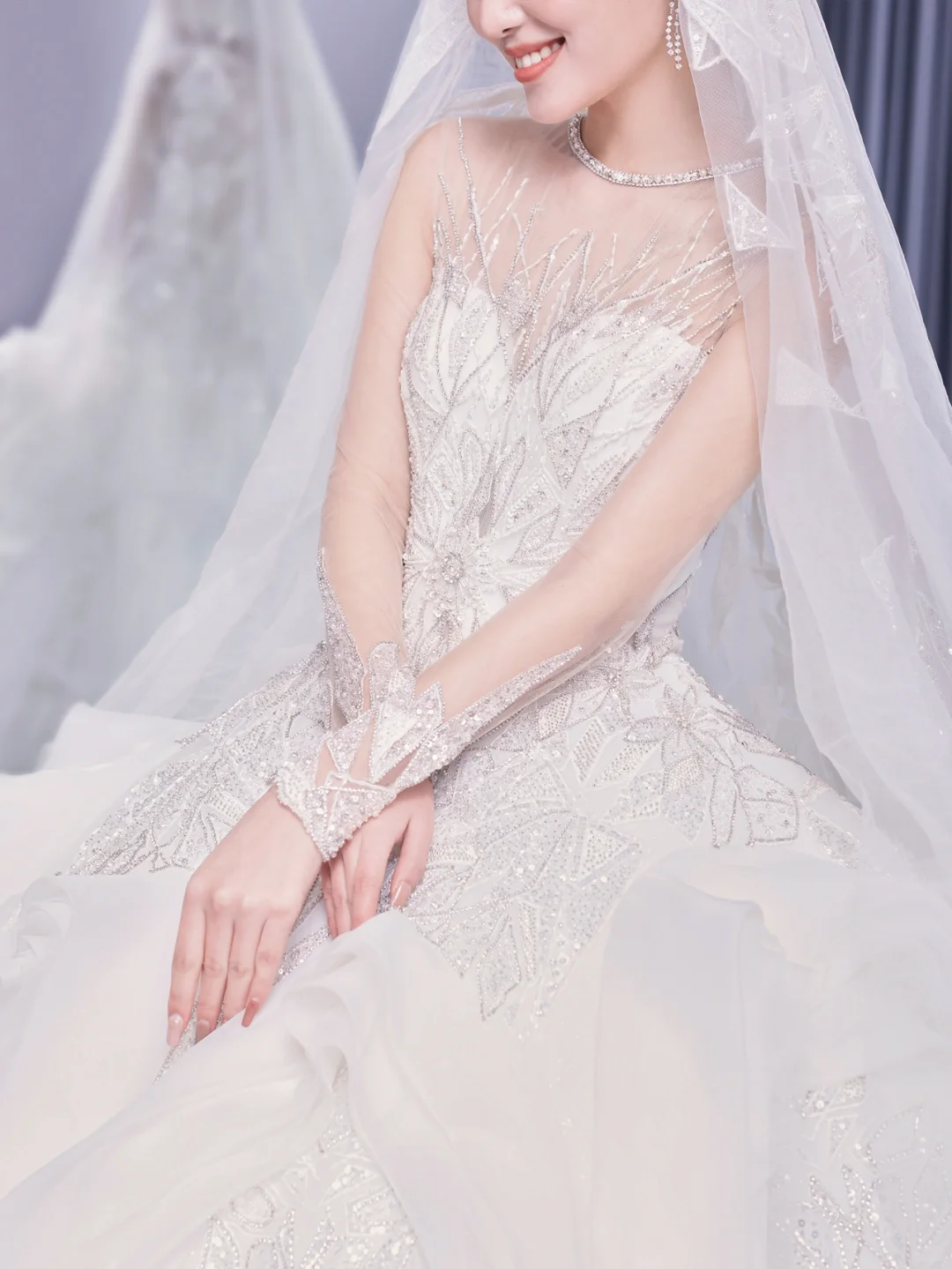 Timeless Ball Gown Tulle Lace Long Sleeves With Veil Long Wedding Dresses C4211