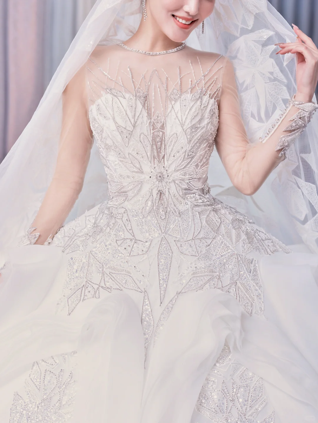 Timeless Ball Gown Tulle Lace Long Sleeves With Veil Long Wedding Dresses C4211