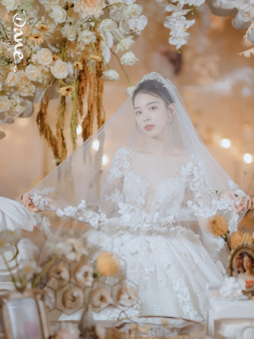 Pretty Ball Gown Tulle Applique Long Sleeves With Veil Long Wedding Dresses C4213