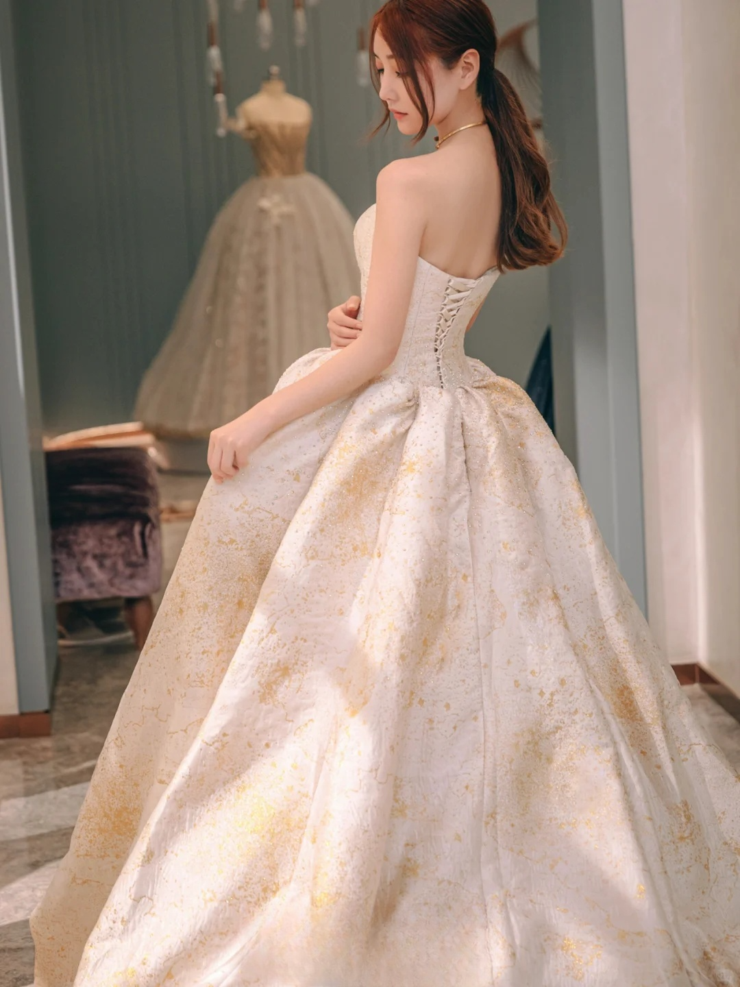 Dreamy Ball Gown Strapless Satin Beaded Long Wedding Dresses C4228