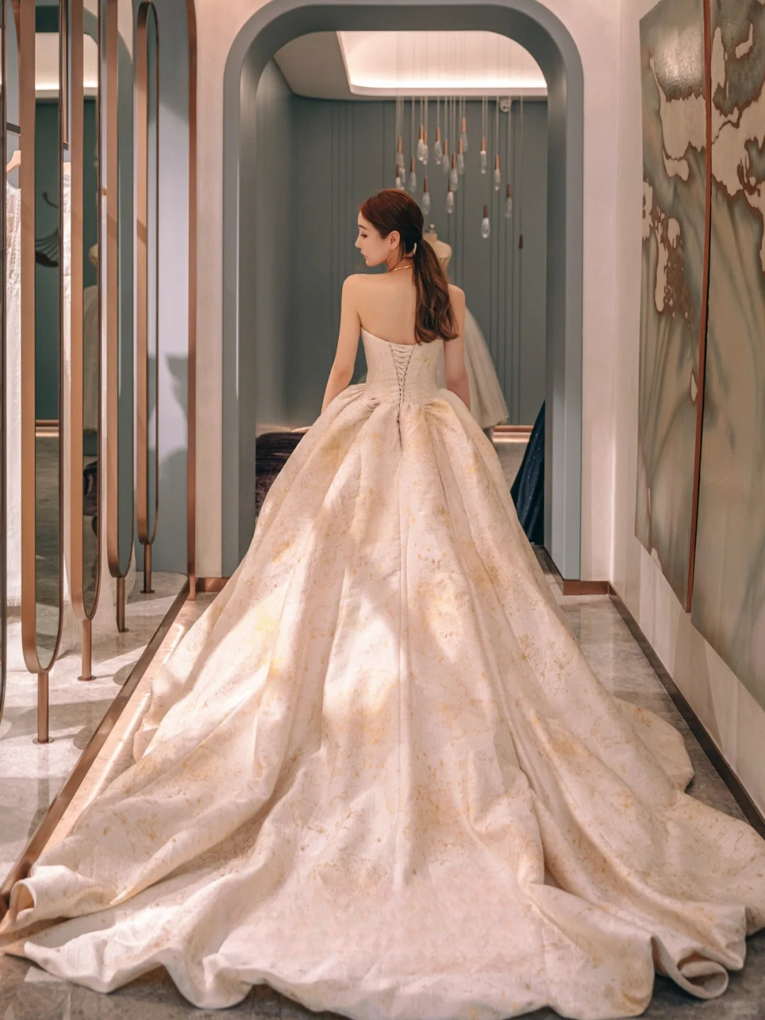 Dreamy Ball Gown Strapless Satin Beaded Long Wedding Dresses C4228