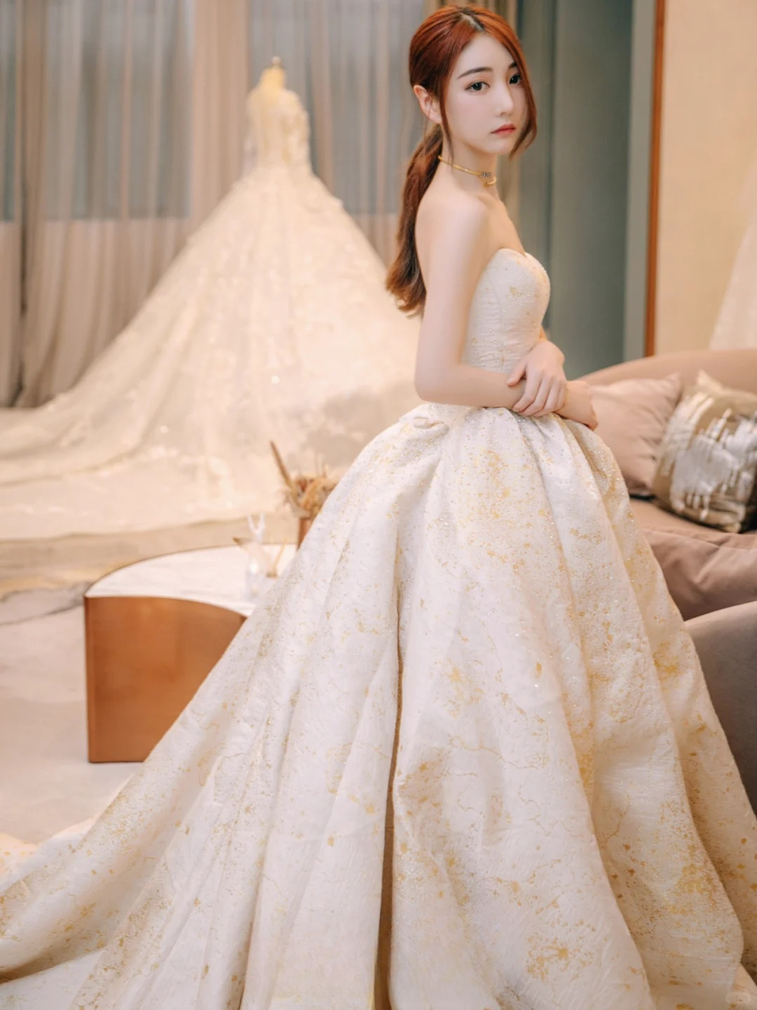 Dreamy Ball Gown Strapless Satin Beaded Long Wedding Dresses C4228