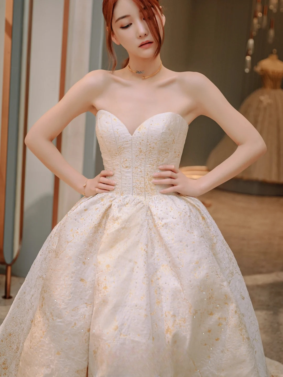 Dreamy Ball Gown Strapless Satin Beaded Long Wedding Dresses C4228