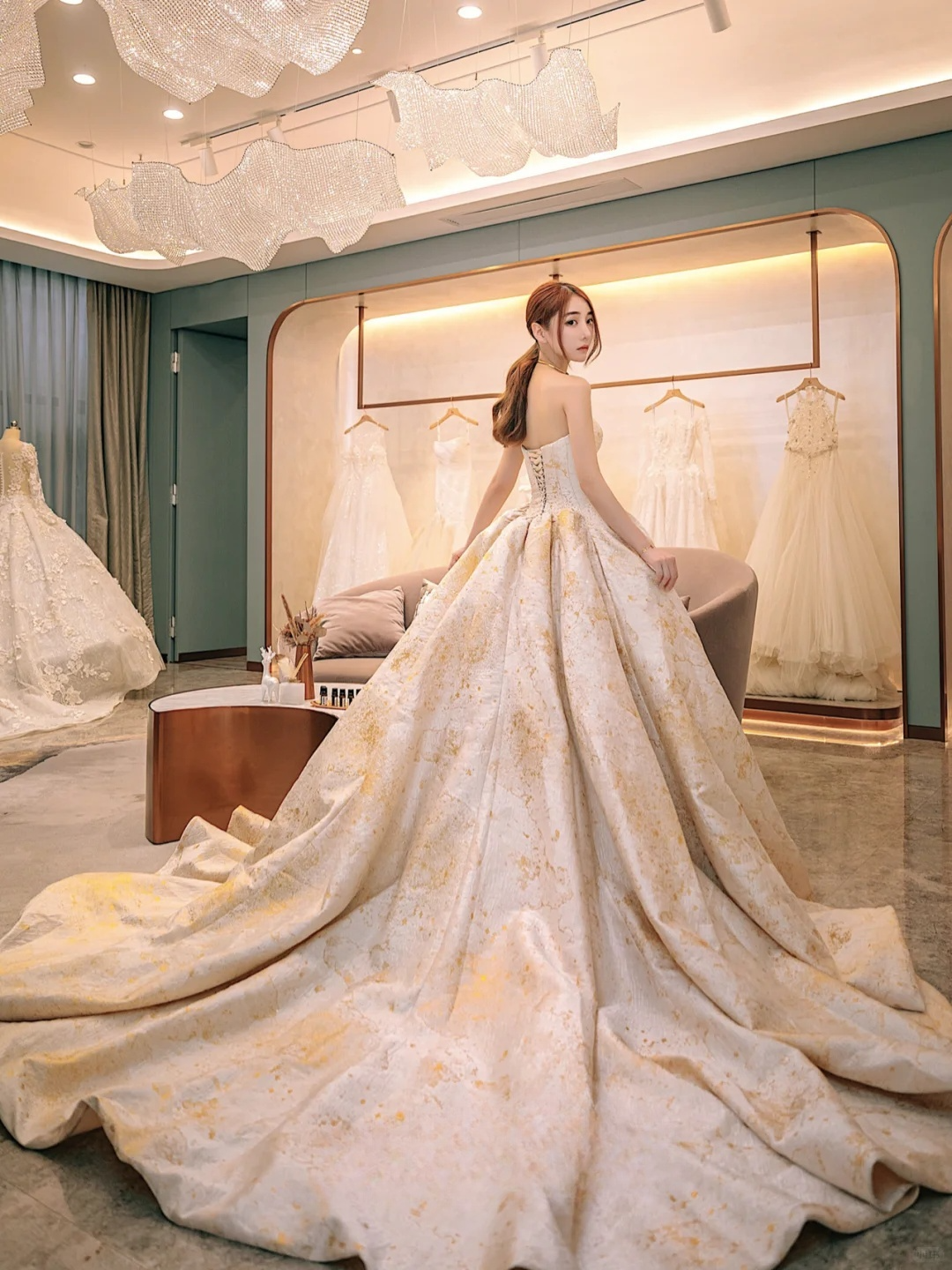 Dreamy Ball Gown Strapless Satin Beaded Long Wedding Dresses C4228