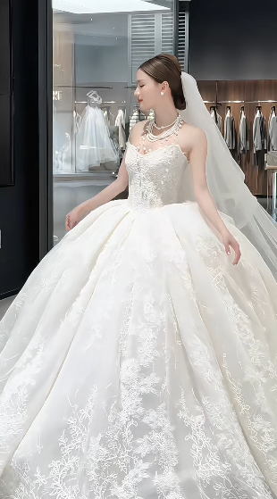 Timeless Ball Gown Strapless Tulle Lace With Veil Long Wedding Dresses C4230