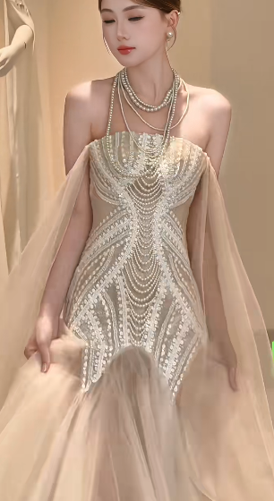 Chic Mermaid Strapless Tulle Lace Beaded Long Wedding Dresses C4233