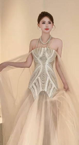 Chic Mermaid Strapless Tulle Lace Beaded Long Wedding Dresses C4233