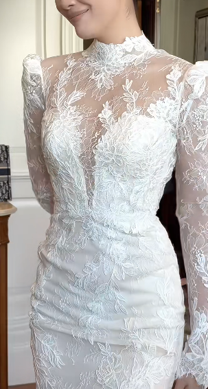 Dreamy Mermaid White Satin Tulle Lace Long Sleeves Long Wedding Dresses C4241