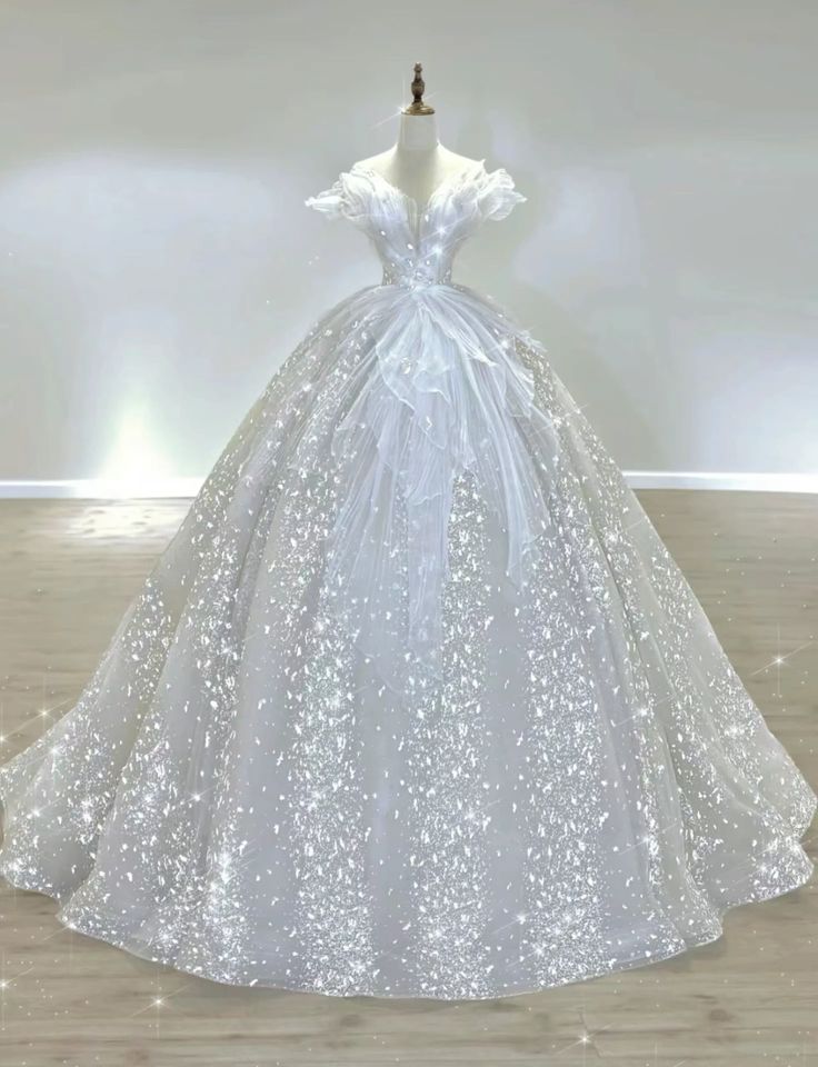 Glitter Ball Gown Strapless Chiffon Tulle Sequin Long Wedding Dresses C4245