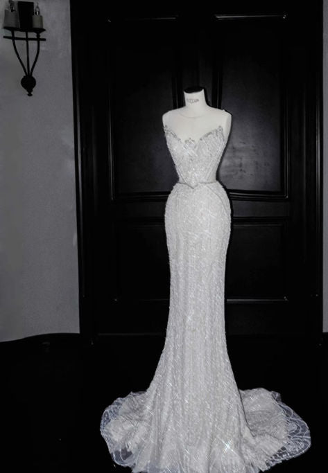 Timeless Mermaid Srapless Tulle Lace Sequin Baeded Long Wedding Dresses C4273