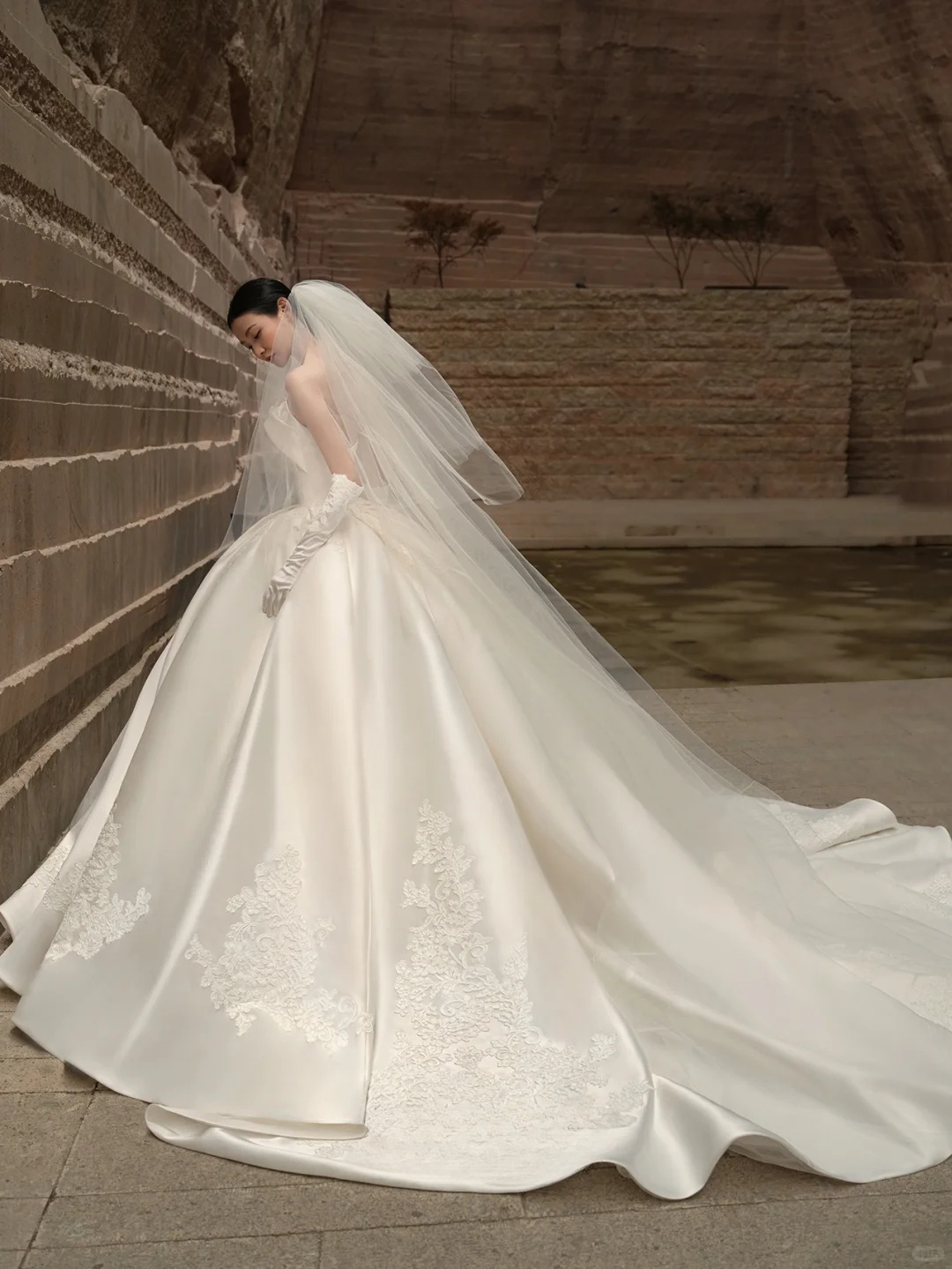 Elegant Ball Gown Strapless Satin Applique With Gloves Veil Long Wedding Dresses C4289