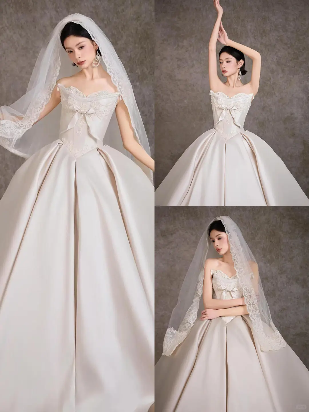 Classy Ball Gown Strapless Satin Lace With Veil Long Wedding Dresses C4303