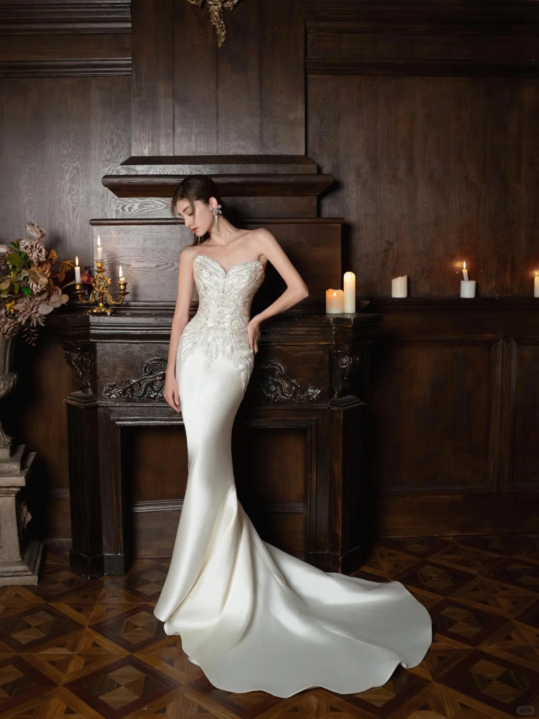 Timeless Mermaid Strapless Satin Sequin Beaded Long Wedding Dresses C4304