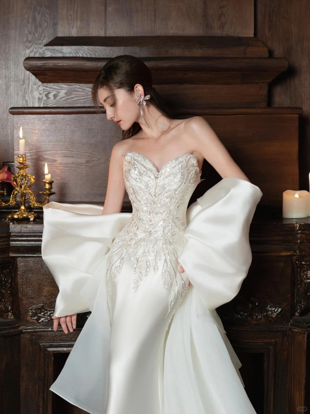 Timeless Mermaid Strapless Satin Sequin Beaded Long Wedding Dresses C4304