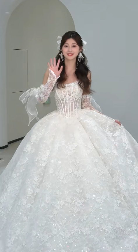 Dreamy Ball Gown Strapless Tulle Lace With Sleeves Long Wedding Dresses C4306