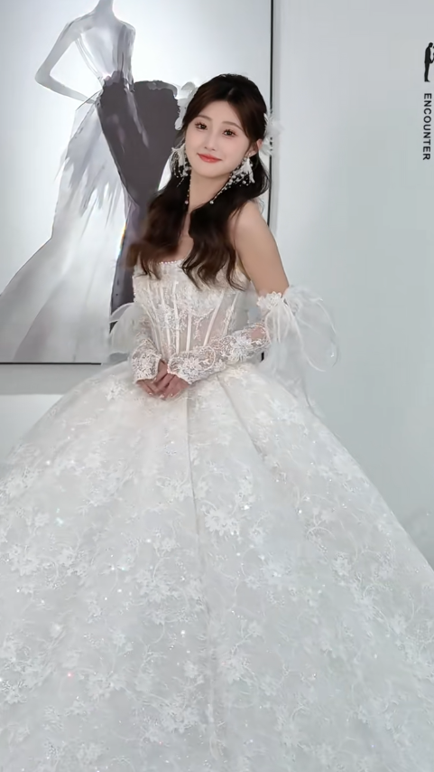 Dreamy Ball Gown Strapless Tulle Lace With Sleeves Long Wedding Dresses C4306