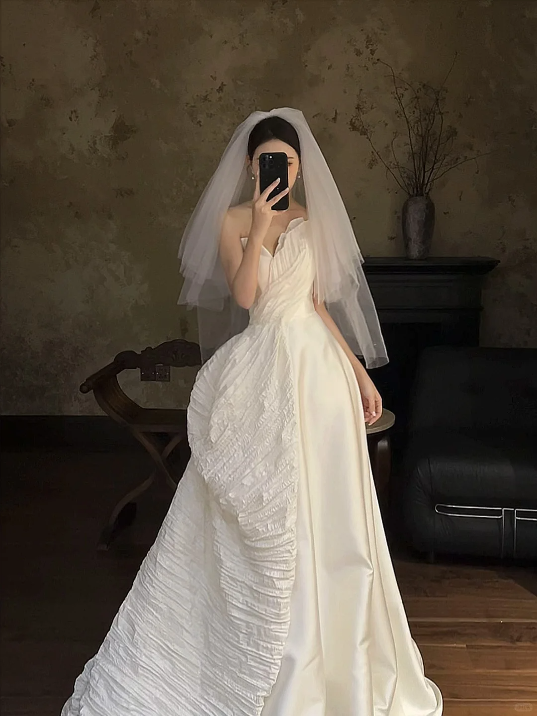 Elegant A Line Strapless Satin With Veil Long Wedding Dresses C4310