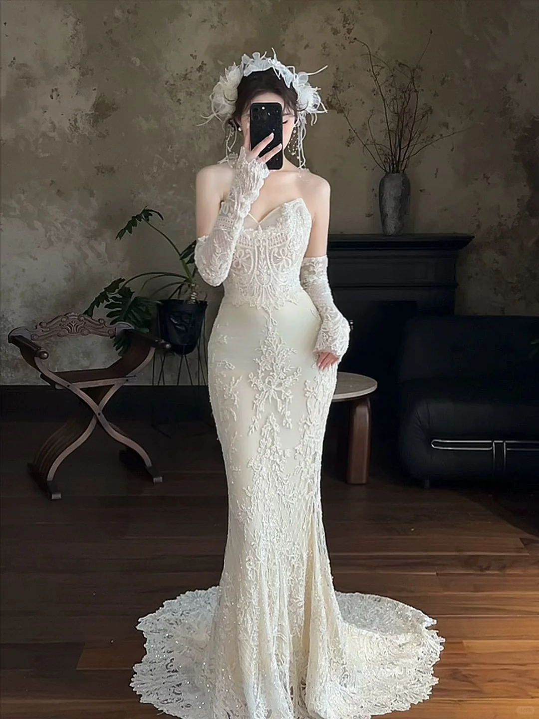 Vintage Mermaid Strapless Satin Lace Applique With Veil Long Wedding Dresses C4313