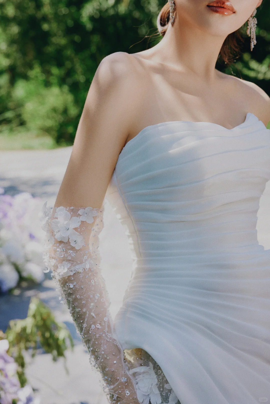 Unique Mermaid Strapless Satin Tulle Applqiue With Sleeves Long Wedding Dresses C4317