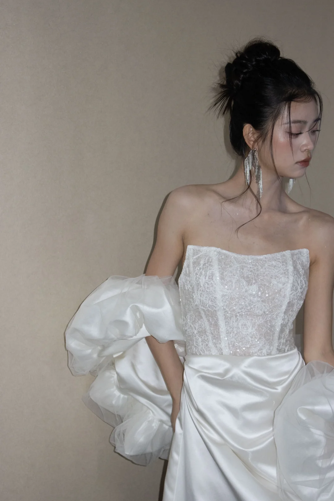 Elegant Mermaid Strapless Satin Lace Sequin Long Wedding Dresses C4318