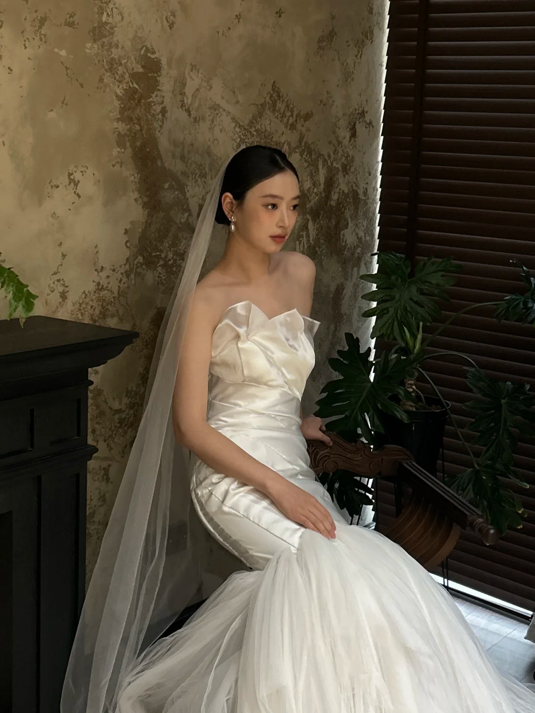 Dreamy Mermaid Strapless Satin Tulle With Veil Long Wedding Dresses C4319