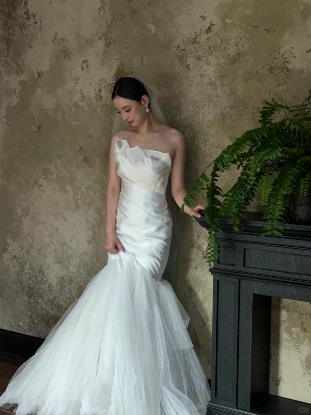 Dreamy Mermaid Strapless Satin Tulle With Veil Long Wedding Dresses C4319