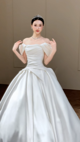 Elegant Ball Gown Off The Shoulder Satin Long Wedding Dresses C4330