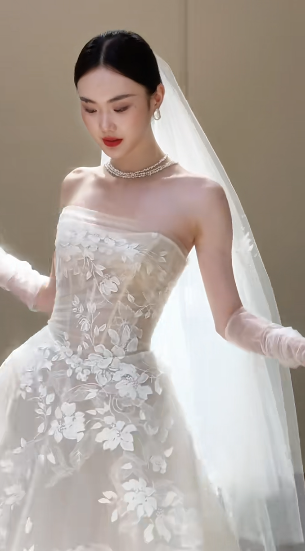 Dreamy Ball Gown Strapless Tulle Lace With Veil Long Wedding Dresses C4334