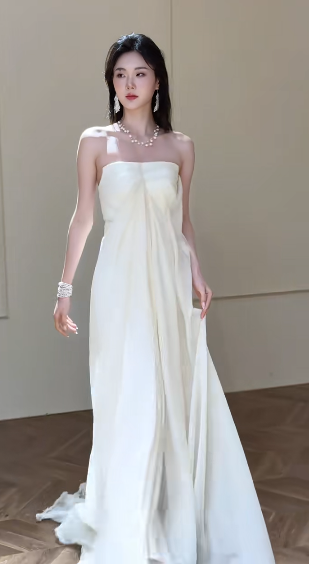 Unique A Line Strapless Satin Chiffon Long Wedding Dresses C4335