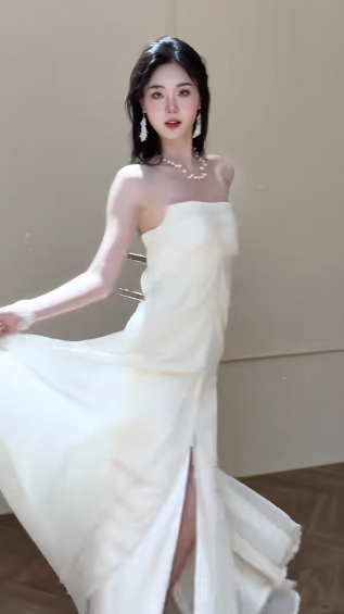 Unique A Line Strapless Satin Chiffon Long Wedding Dresses C4335