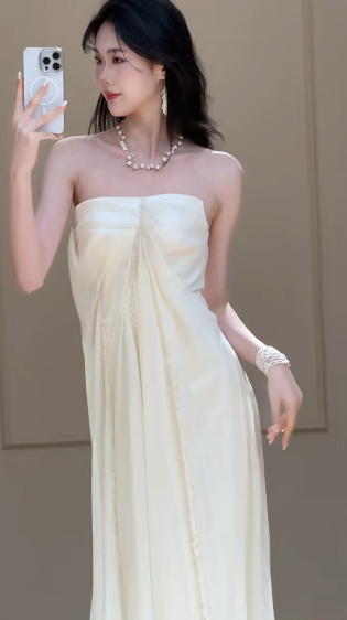 Unique A Line Strapless Satin Chiffon Long Wedding Dresses C4335