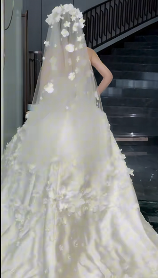 Dreamy Ball Gown Strapless Satin Applique With Veil Long Wedding Dresses C4341