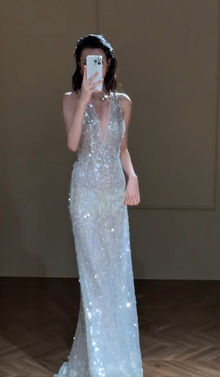 Timeless Mermaid Halter Sequin Long Wedding Dresses C4345