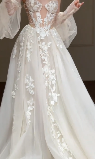 Unique A Line Off The Shoulder Tulle Applique Long Sleeves Long Wedding Dresses C4351