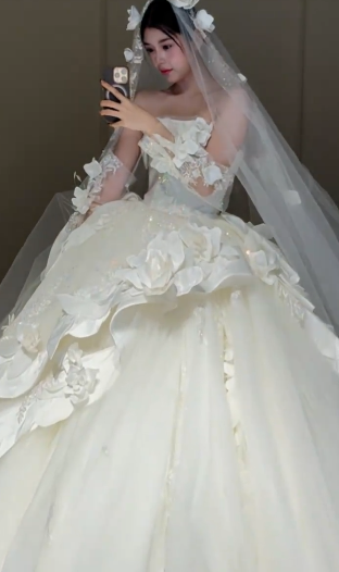 Gorgeous Ball Gown Strapless Satin Tulle Applique With Sleeves Veil Long Wedding Dresses C4354