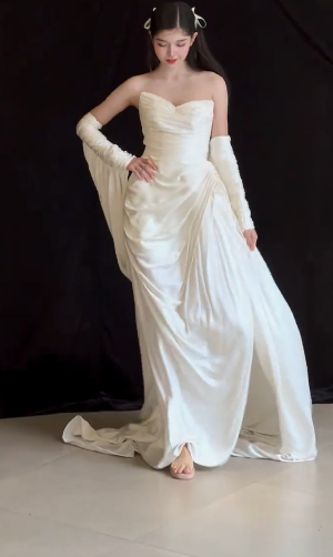 Unique A Line Strapless Satin With Sleeves Long Wedding Dresses C4358
