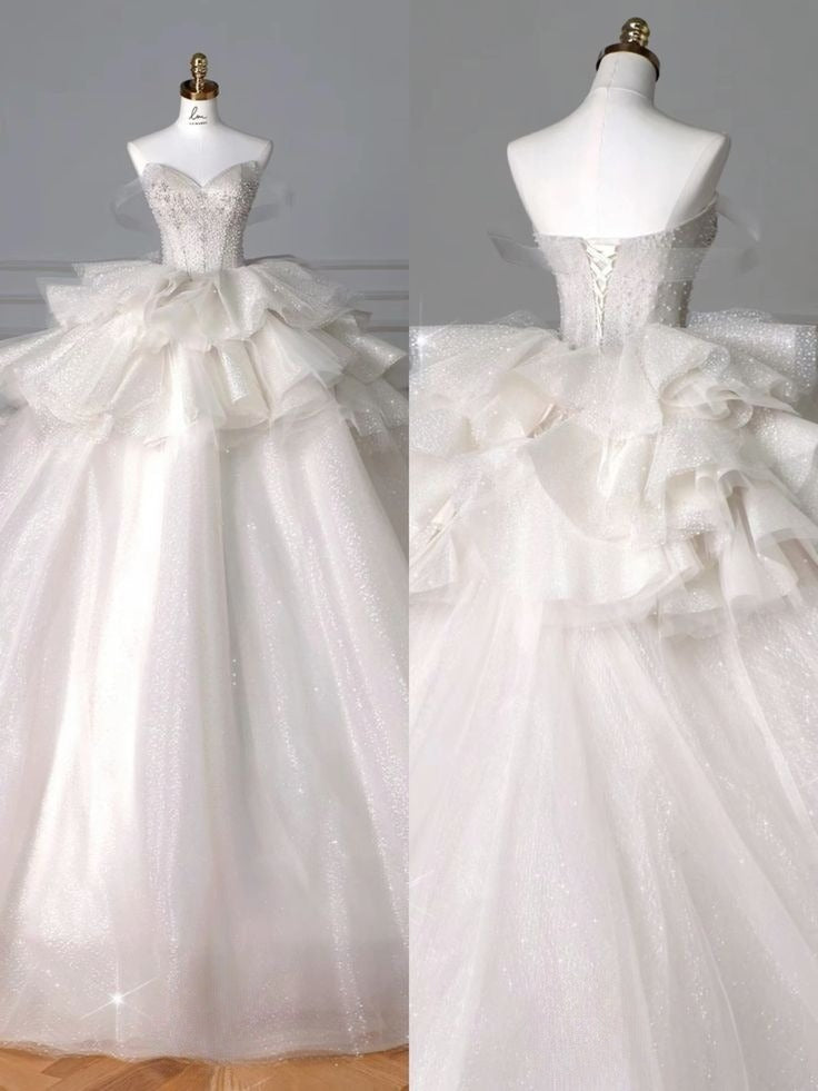 Gorgeous Ball Gown Off The Shoulder Tulle Sequin Beads Long Wedding Dresses C4361