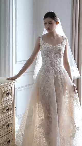 Gorgeous A Line Spaghetti Straps Tulle Lace With Veil Long Wedding Dresses C4376