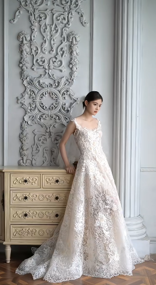 Gorgeous A Line Spaghetti Straps Tulle Lace With Veil Long Wedding Dresses C4376